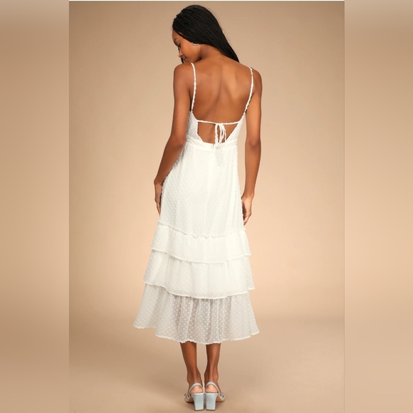 Lulus Tiers and Applause White Swiss Dot Tie-Back Tiered Midi Dress Size S - Picture 4 of 15